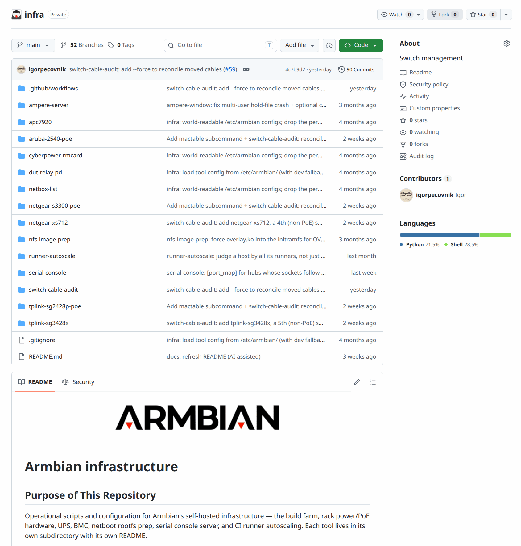 The infra repository: per-tool scripts for switches, power, consoles and runners