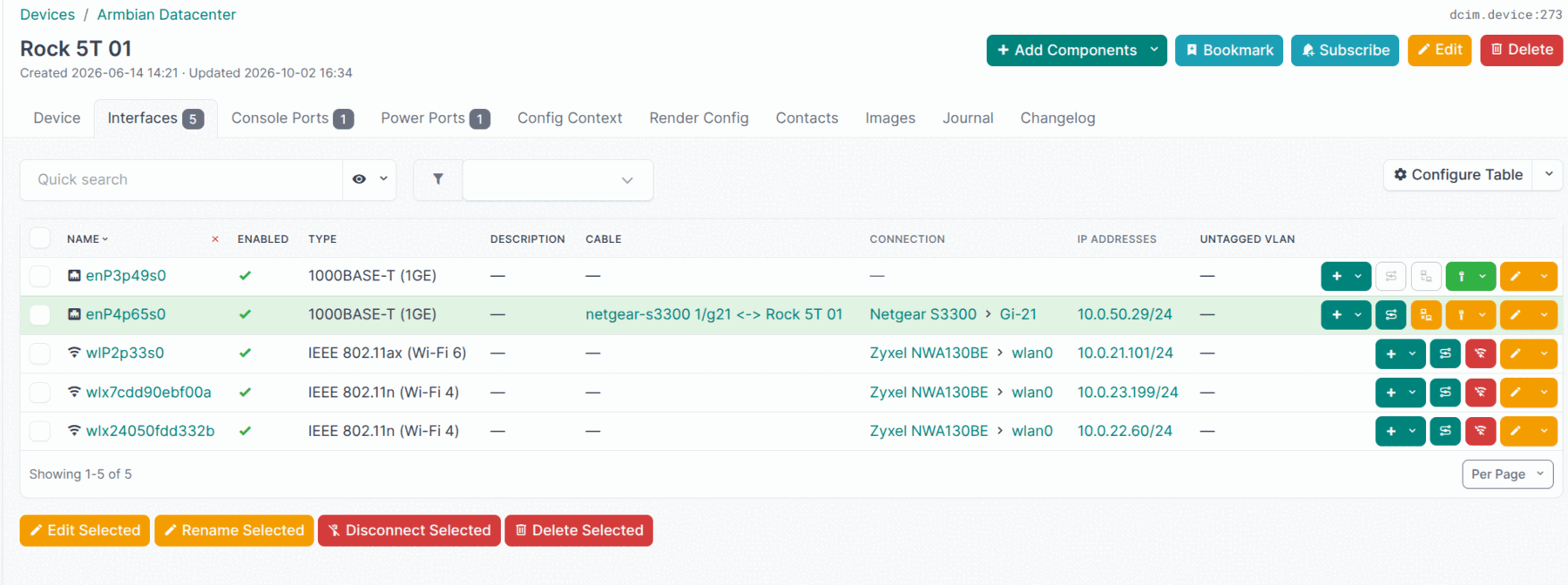 NetBox device interfaces: a board's wired, Wi-Fi and switch-port connections